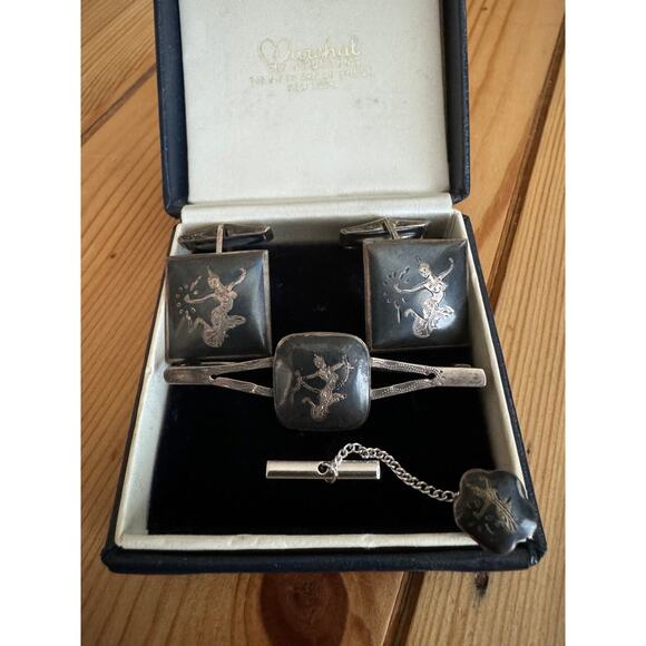 VintageSiam Sterling SilverCufflinks, a tie clip/bar and tie rack with chain